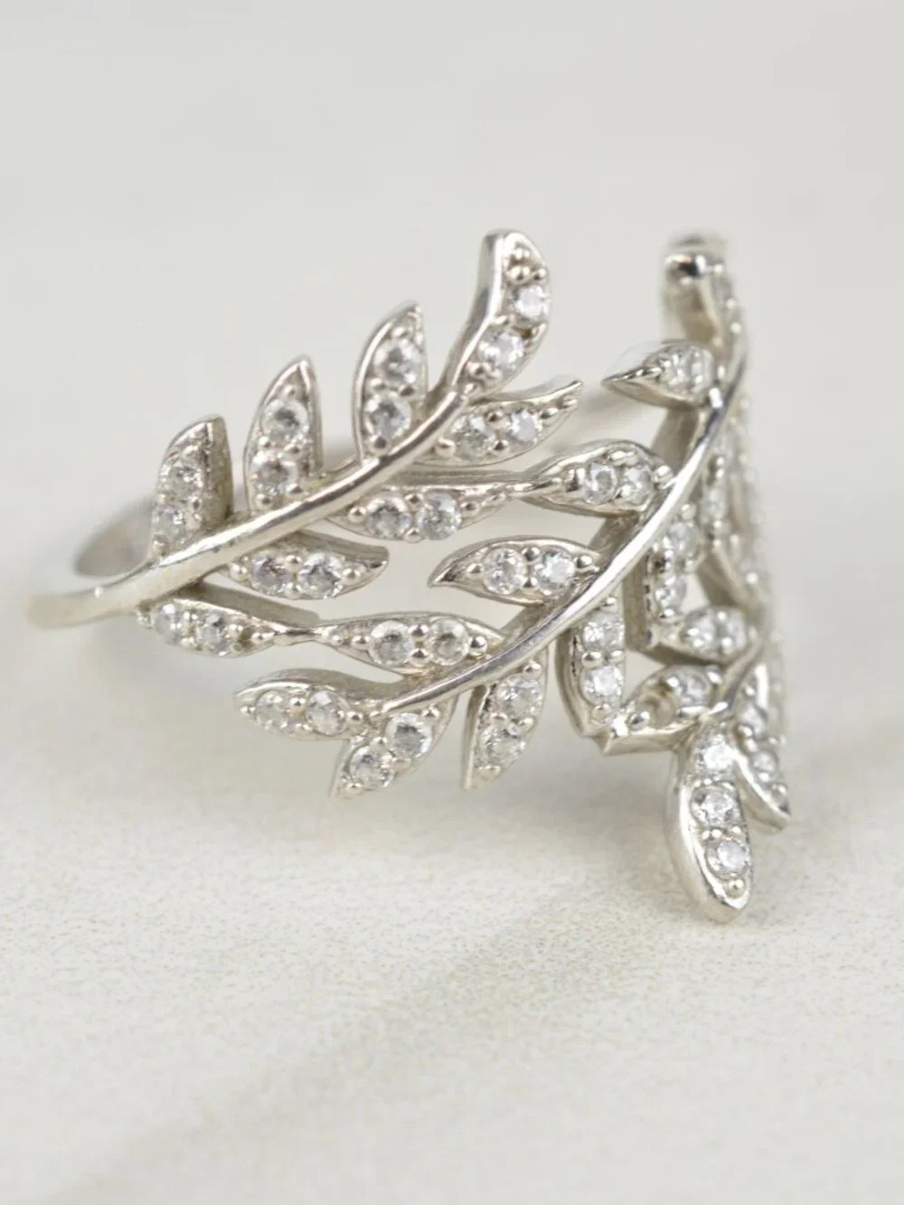 Kiera 925 Sterling Silver CZ Leaf Wrap Bypass Ring Size 7.75 Olive Branch 3.9g